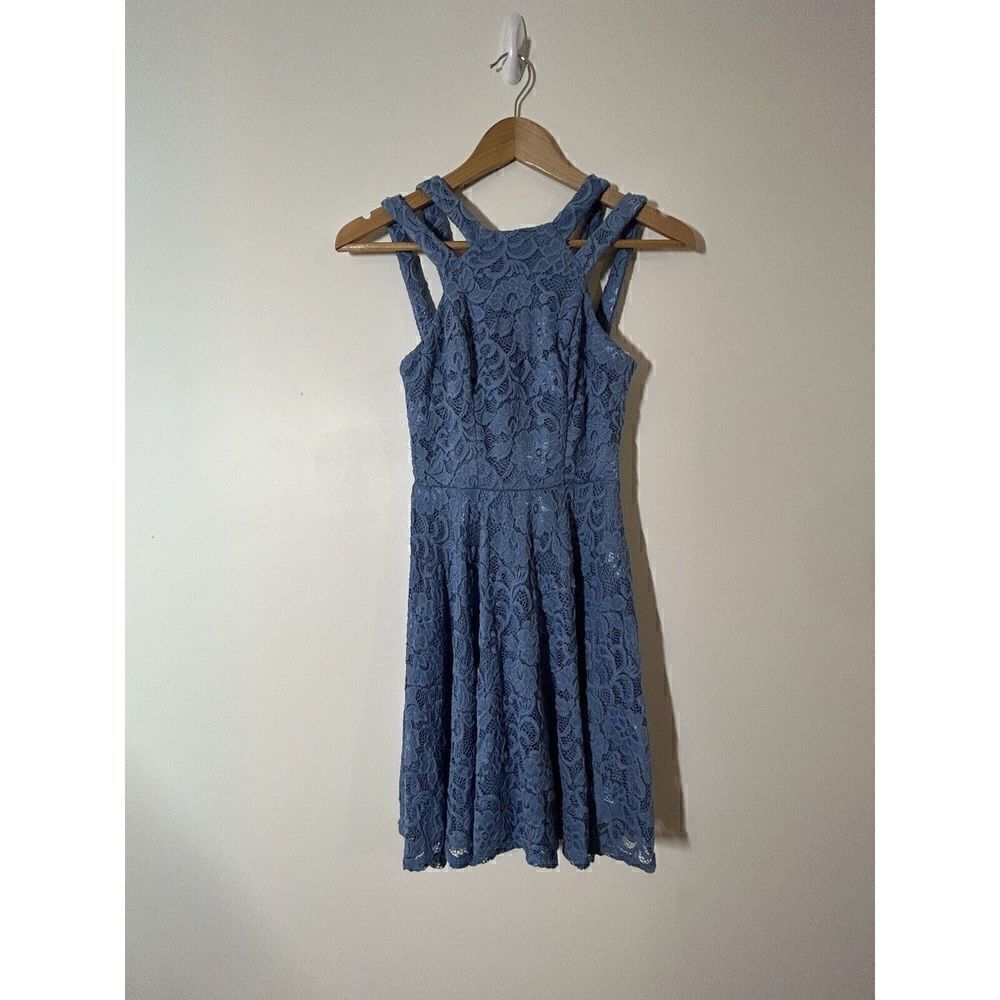 B. Darlin Women's 1/2 Dress Blue Lace Lined Mini Tank Woven Zipper Back